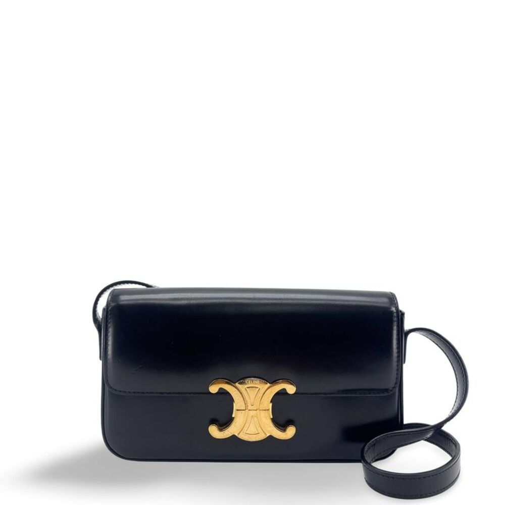 Celine Shiny Calfskin Claude Shoulder Bag Black with Gold Hardware